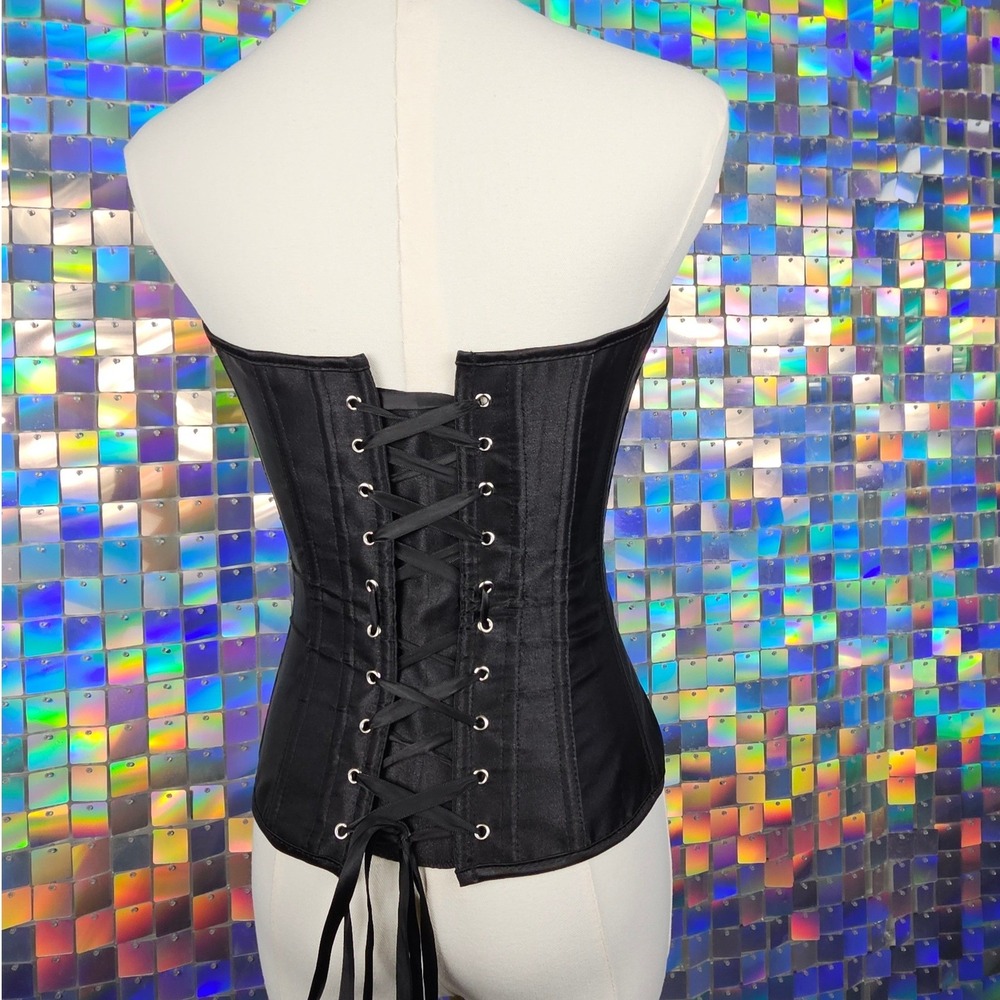 Satin Corset Top Women S Black Excellent‎ Lace Up Busk Boned Goth - Picture 5 of 10